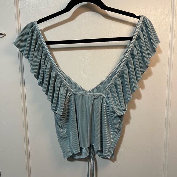 ZARA Pleated Ruffle Top Turquoise - Picture 2 of 3